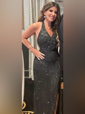 Mac Duggal Silver-Gray Beaded Fringe Backless Halter Gown